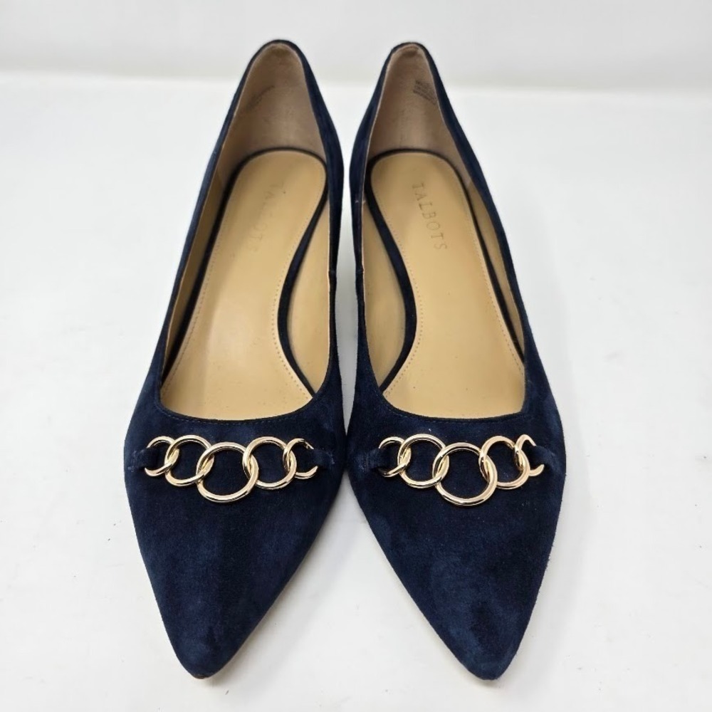 Talbots‎ Navy Suede Kitten Heels Gold Chain Detail Women's Size 9.5M - Picture 3 of 11